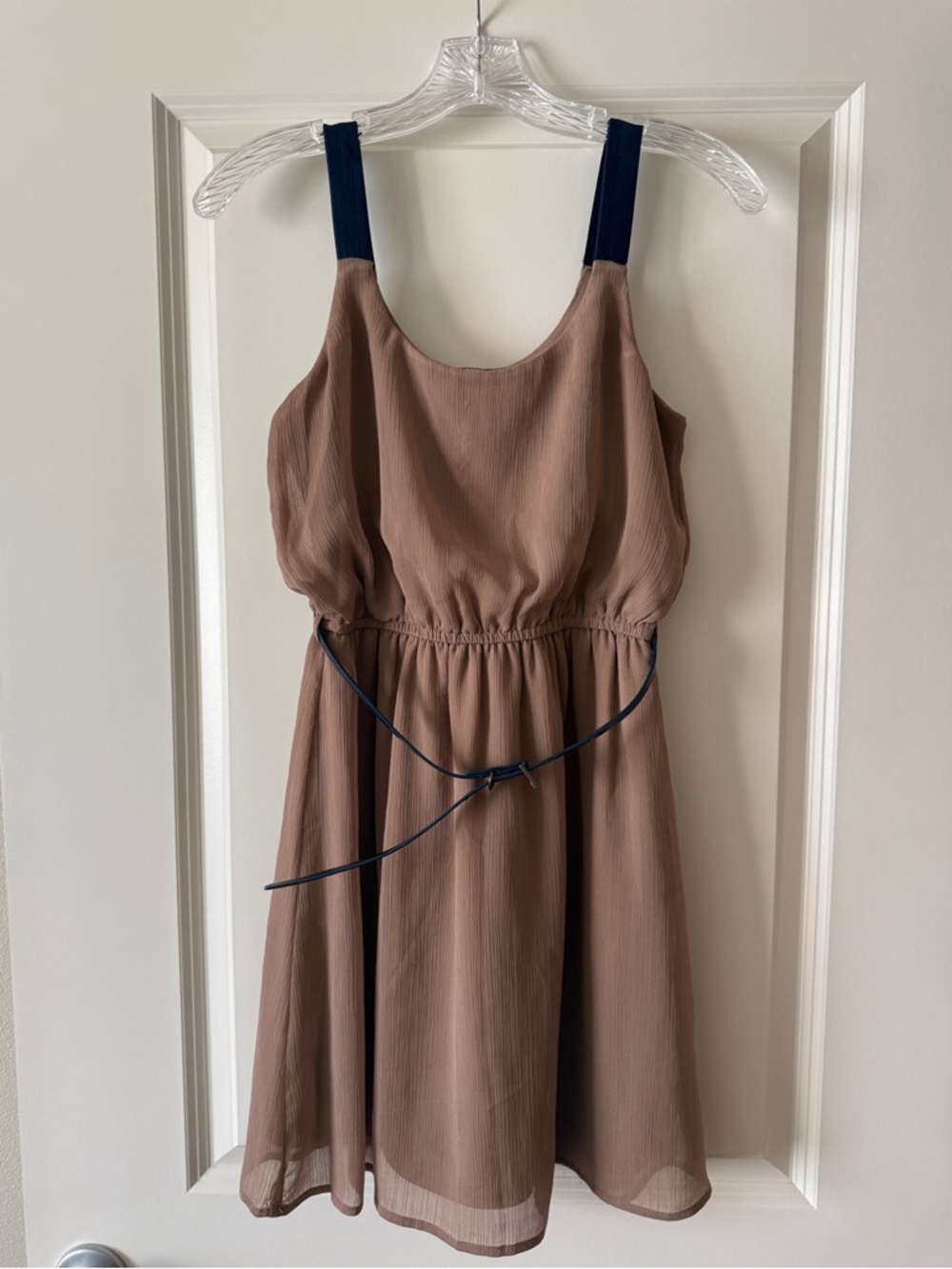 Xhilaration Tan Dress with Navy Straps & Belt